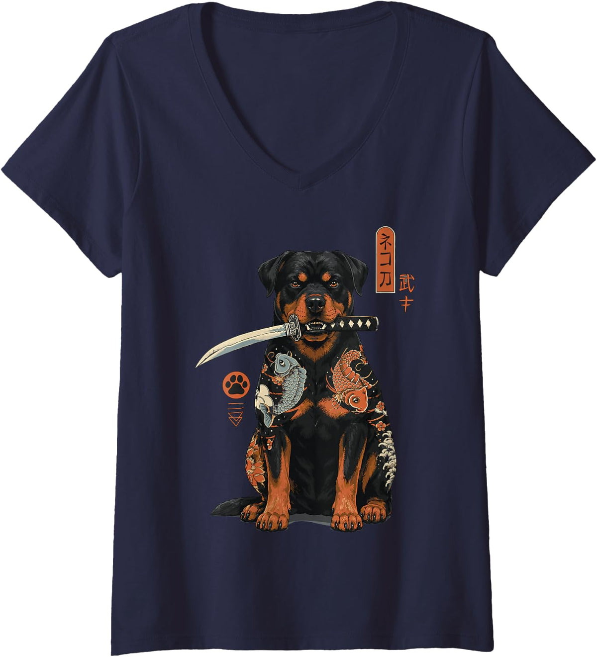 Women's Rottweiler Dog Samurai Japanese Samurai Warrior V-Neck T-Shirt - Navy Blue