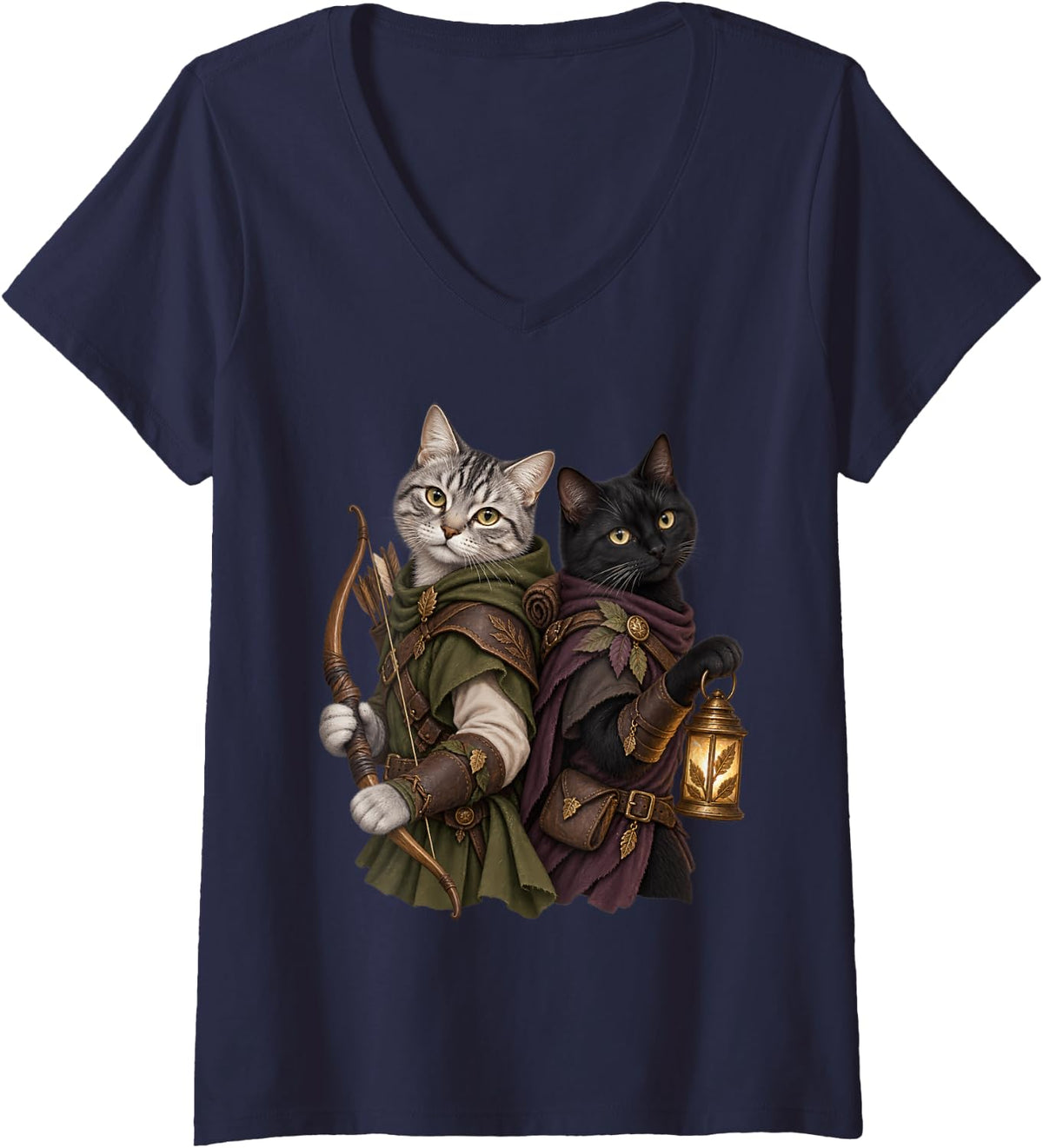 Women's Ranger and Rogue Cats Fantasy RPG Adventure Duo V-Neck T-Shirt - Navy Blue