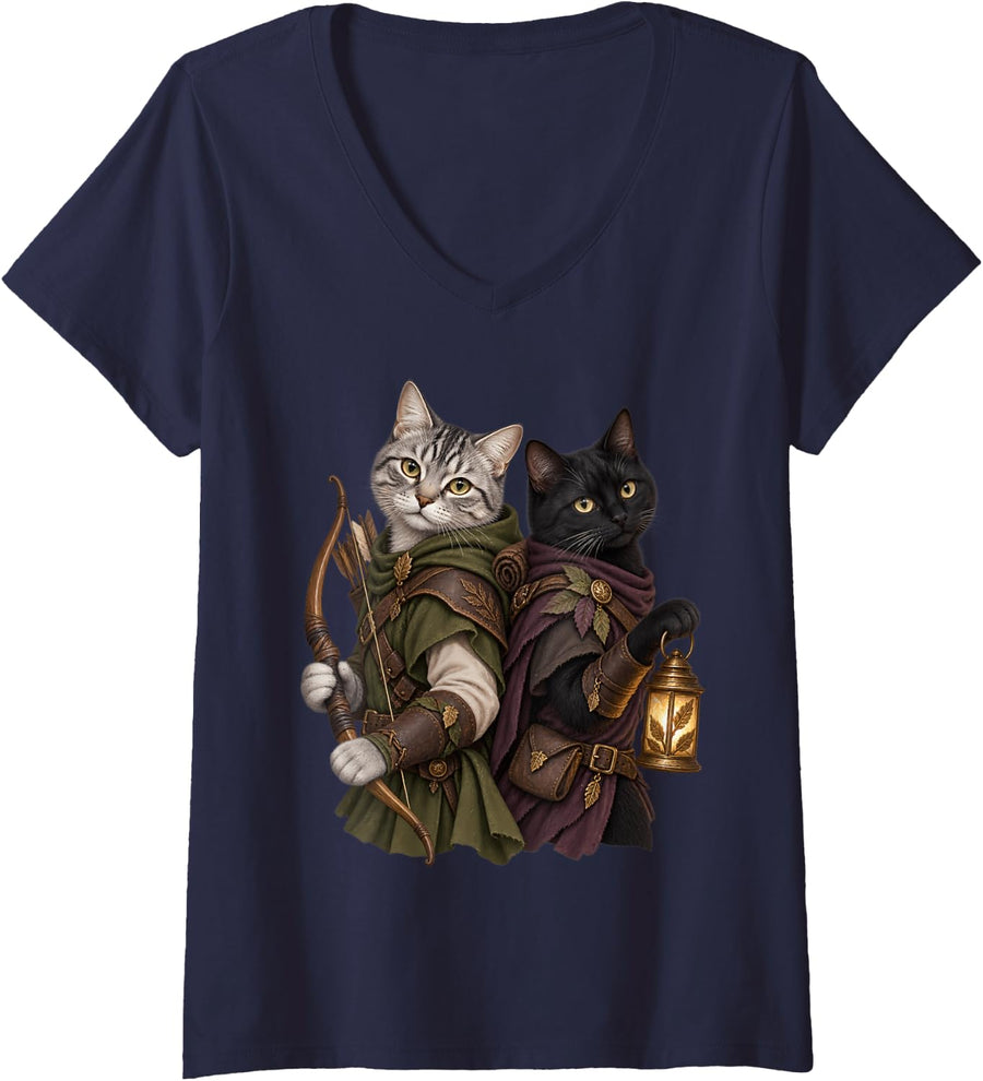 Women's Ranger and Rogue Cats Fantasy RPG Adventure Duo V-Neck T-Shirt - Navy Blue