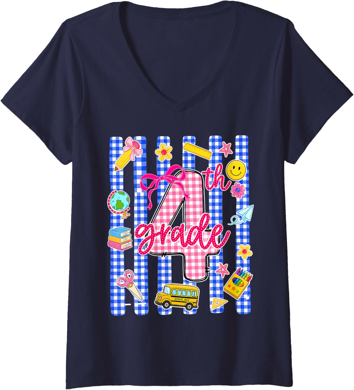 Women's Fourth Grade Cute First Day Back to School Student Teacher V-Neck T-Shirt - Navy Blue