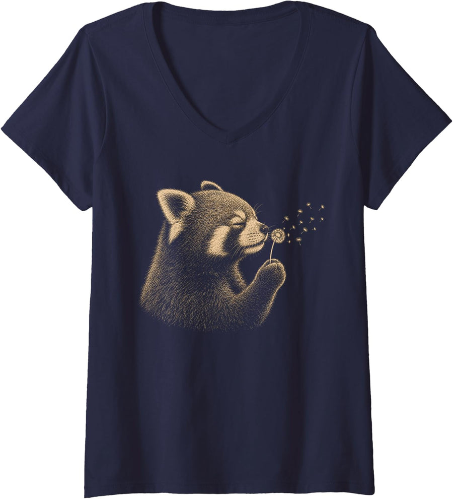 Women's Red Panda Blowing Wishes Dandelion Vintage Windflower V-Neck T-Shirt - Navy Blue