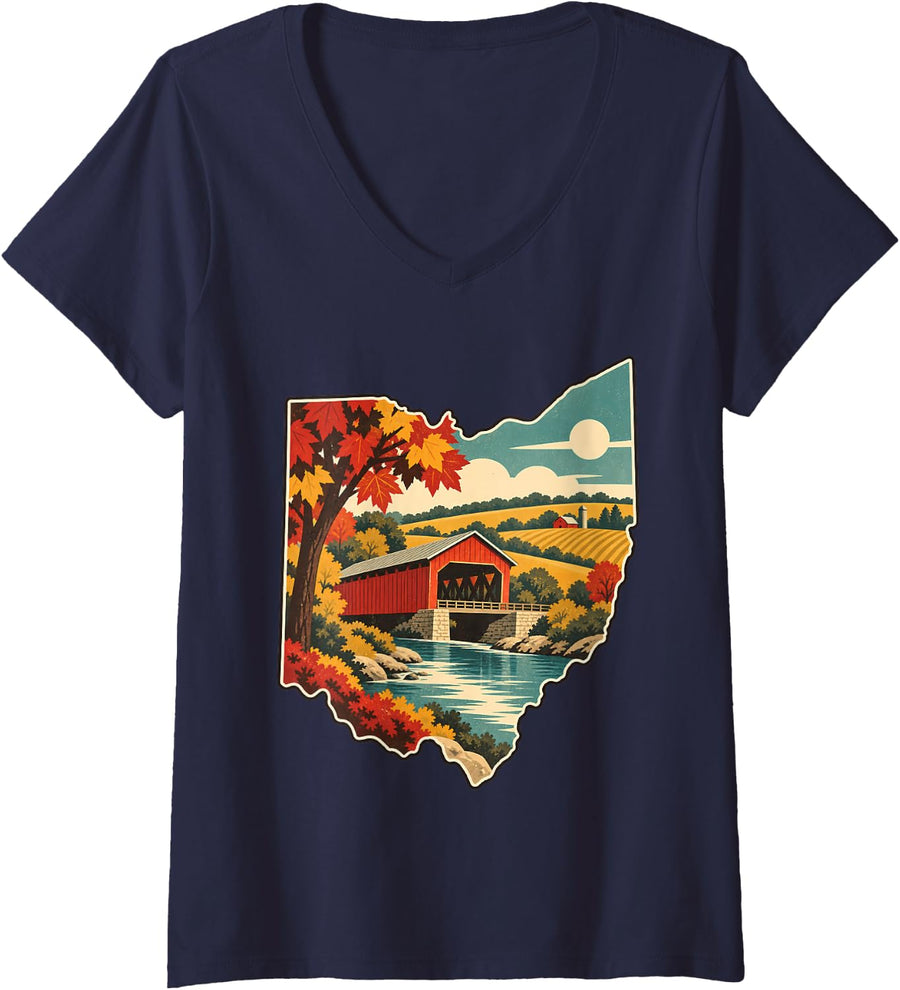 Women's Vintage Ohio Covered Bridge Proud Ohio Roots V-Neck T-Shirt - Navy Blue