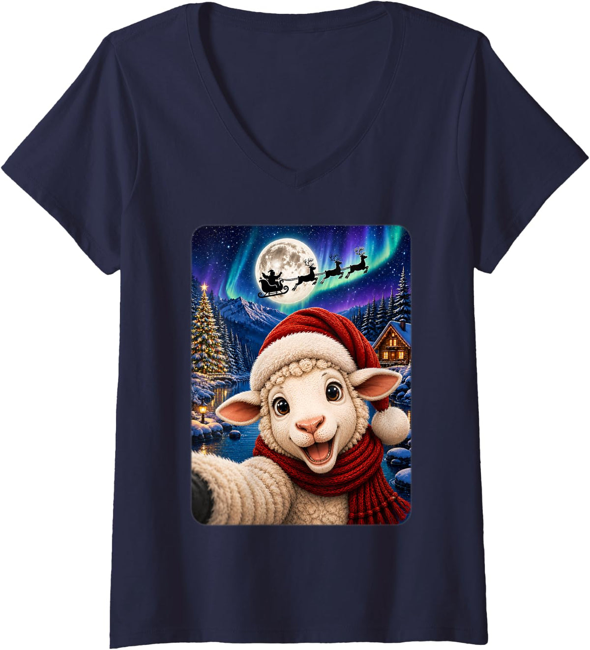 Women's Cute Holiday Winter Selfie Lamb Sheep Christmas V-Neck T-Shirt - Navy Blue