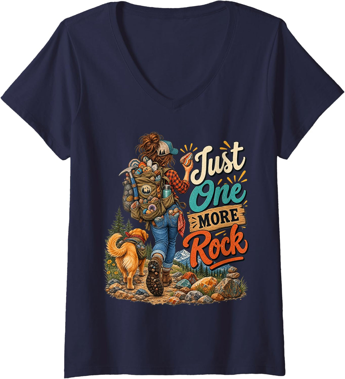 Women's One More Rock Funny Female Rockhound Rock Hunter V-Neck T-Shirt - Navy Blue