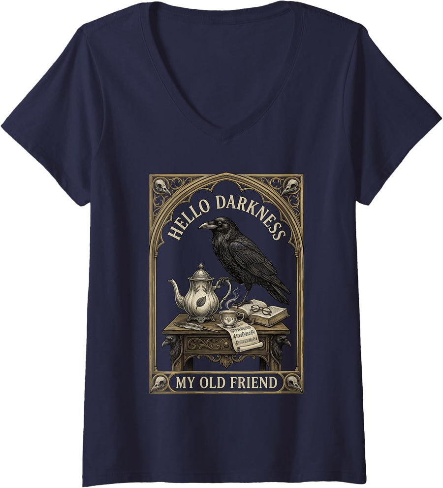 Women's Hello Darkness My Old Friend Gothic Raven Victorian Tea V-Neck T-Shirt - Navy Blue