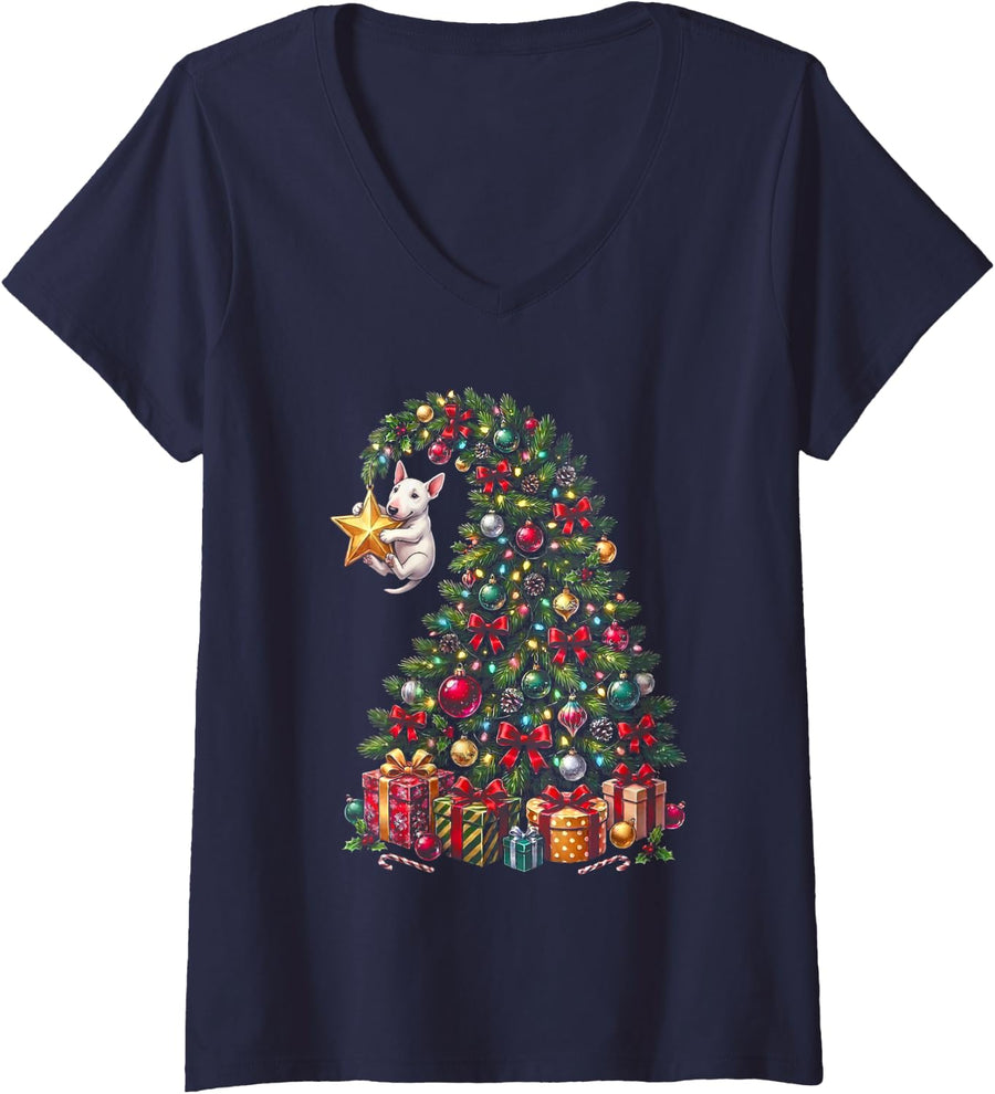 Women's Bull Terrier Hanging from Christmas Tree Festive Funny Pet V-Neck T-Shirt - Navy Blue