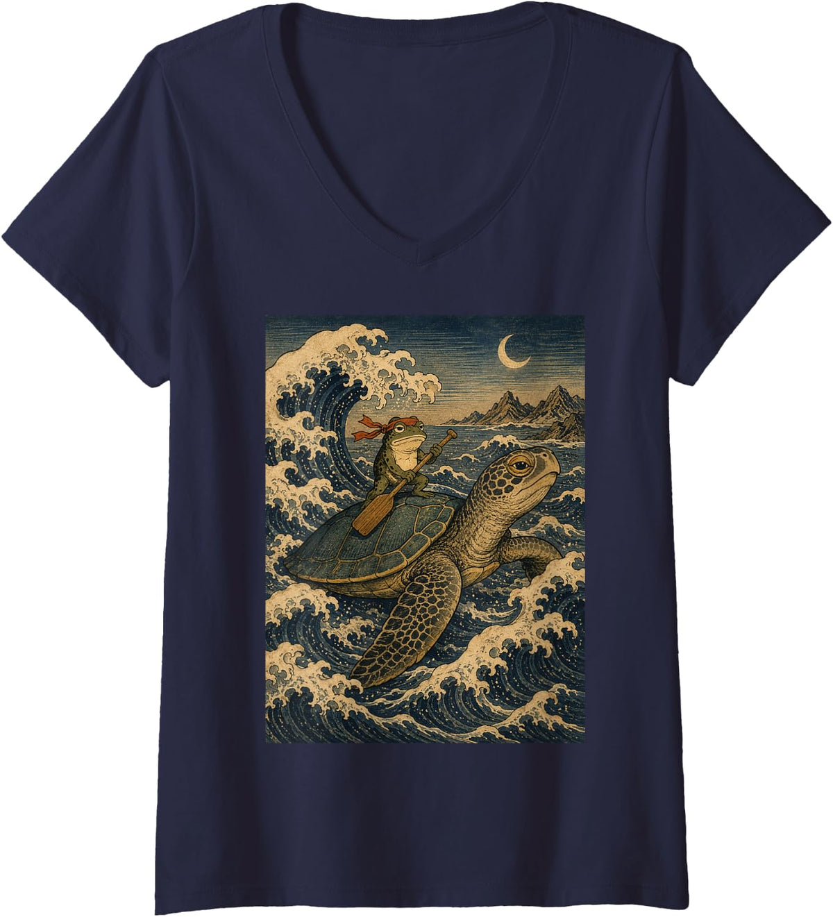 Women's Funny Frog Riding Sea Turtle Japanese Woodblock Ocean Art V-Neck T-Shirt - Navy Blue