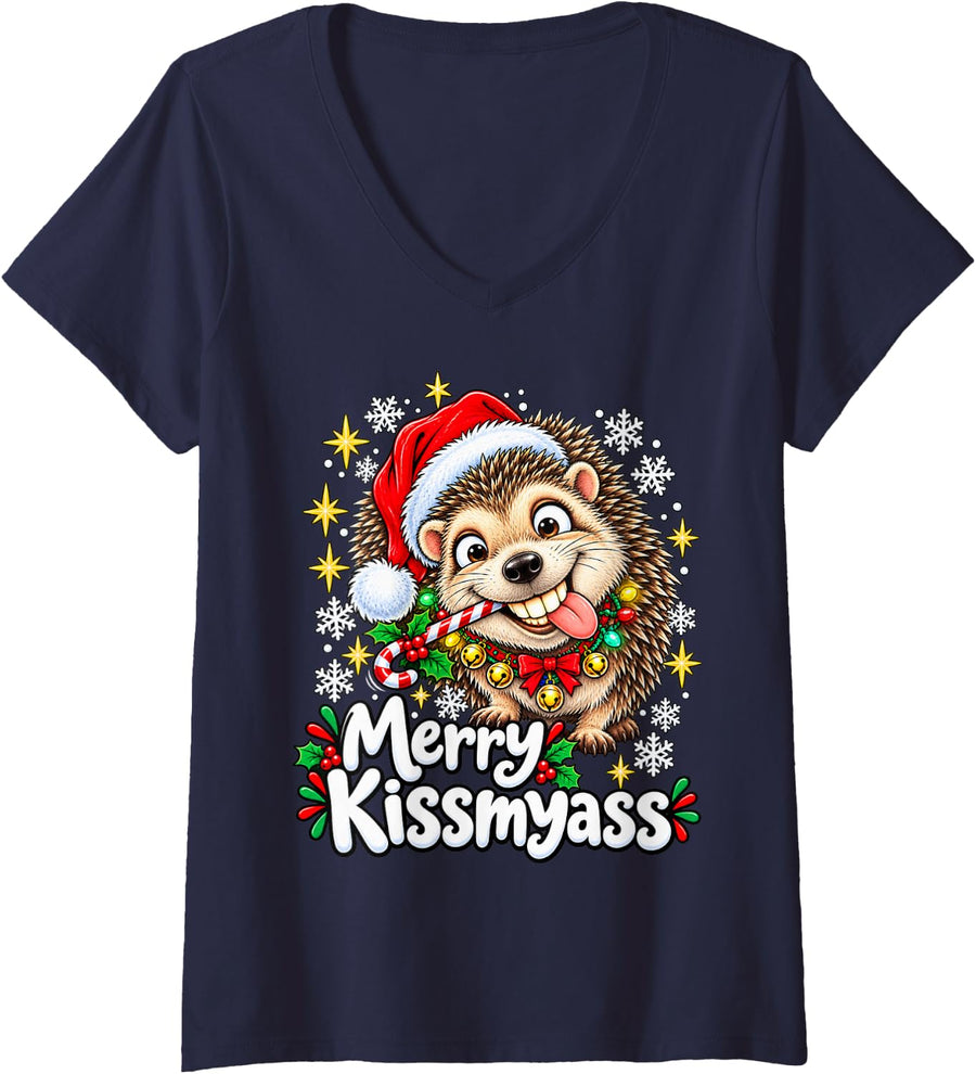 Women's Funny Christmas Hedgehog Sarcastic Holiday Animal Humor V-Neck T-Shirt - Navy Blue