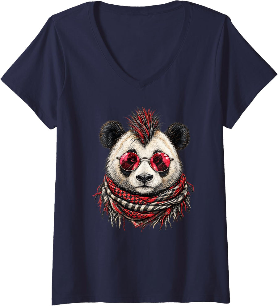Women's Punk Rock Panda s Rebel Animal Lover s Retro Mohawk V-Neck T-Shirt - Navy Blue