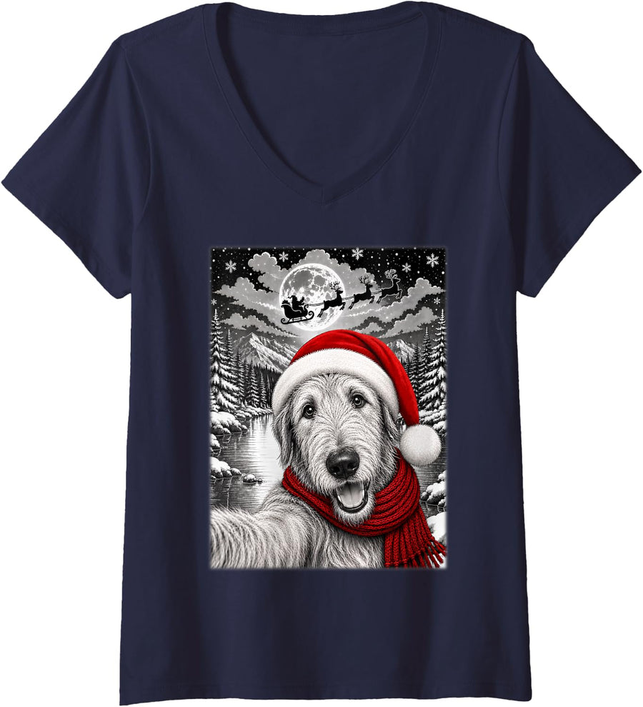 Women's Irish Wolfhound Dog Christmas Selfie Moon Night Starry Xmas V-Neck T-Shirt - Navy Blue