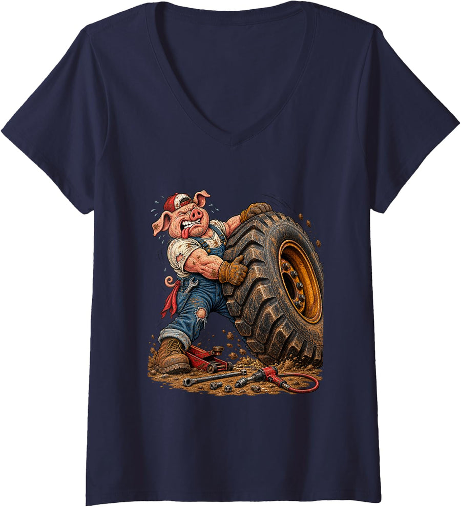 Women's Funny Pig Mechanic Big Tire Wrench Garage Artwork V-Neck T-Shirt - Navy Blue