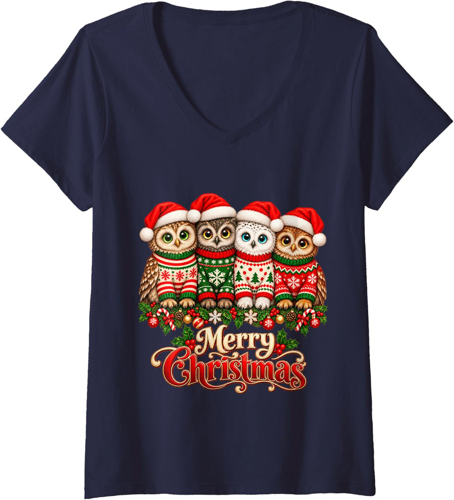 Women's Merry Christmas Owl Santa Hat Holiday Animal Lover V-Neck T-Shirt - Navy Blue