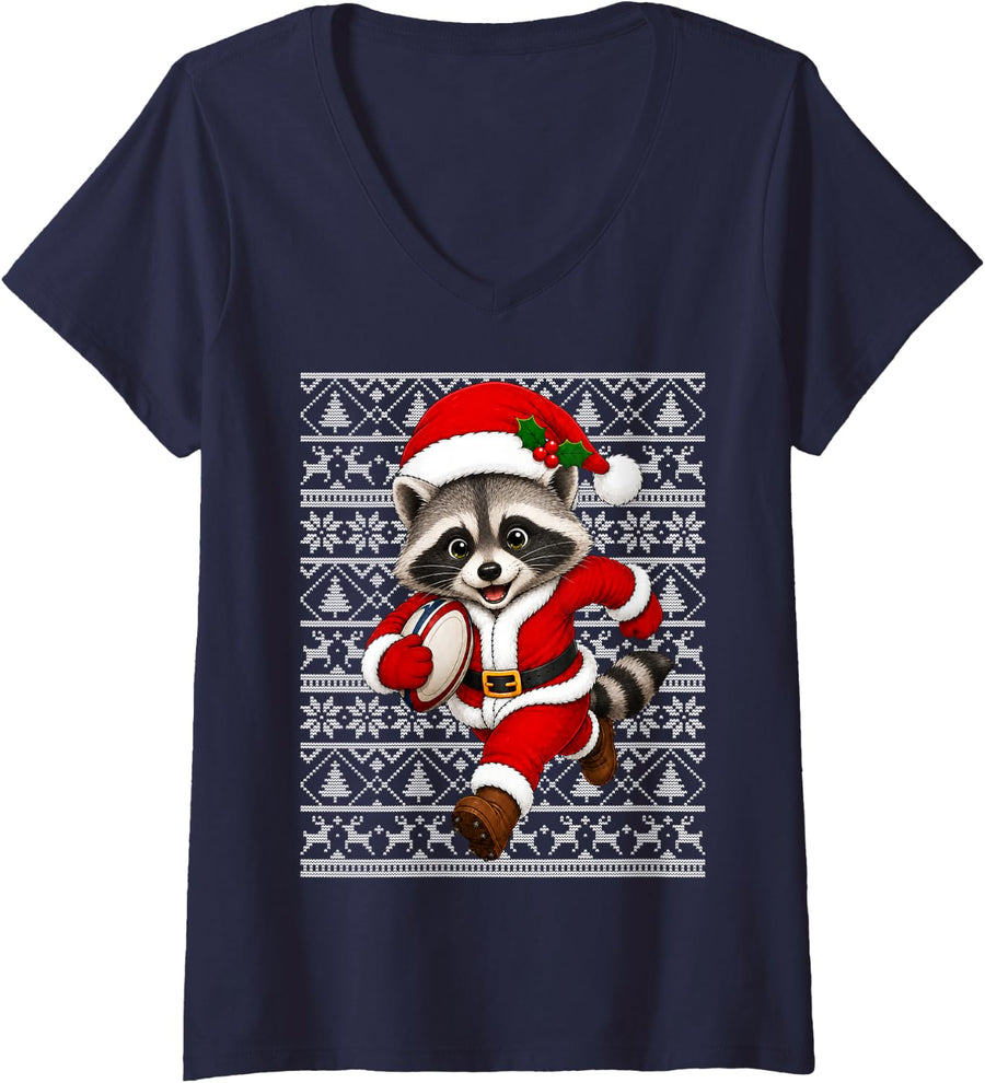 Women's Ugly Xmas Santa Raccoon Playing Rugby Christmas Sports V-Neck T-Shirt - Navy Blue