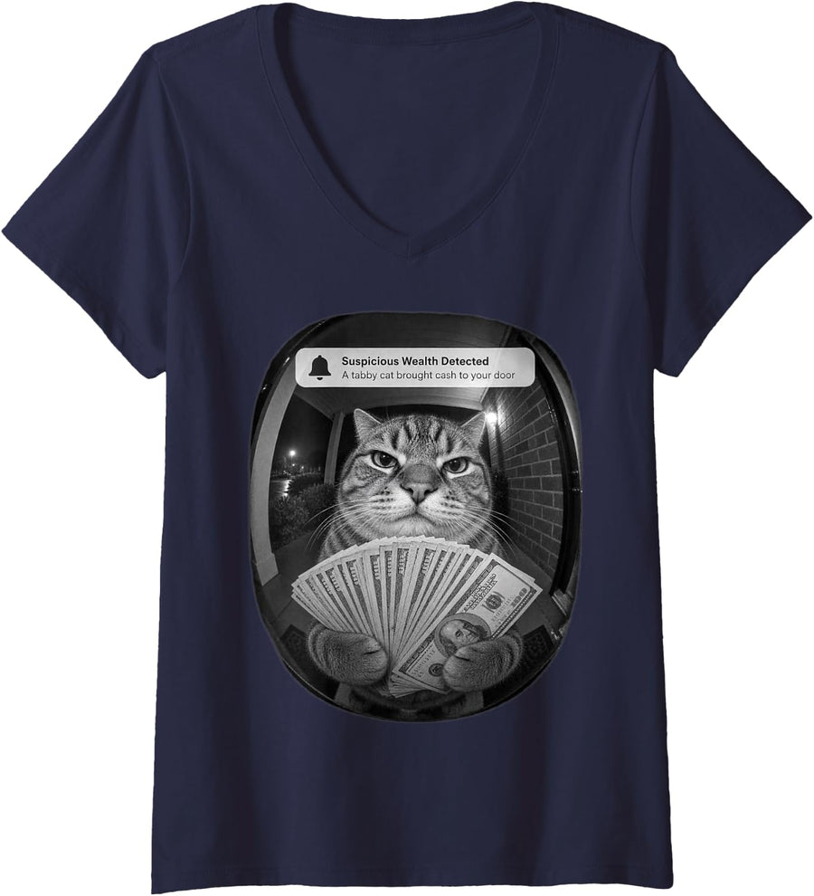 Women's There is Motion At Your Front Door Meme Tabby Cat V-Neck T-Shirt - Navy Blue