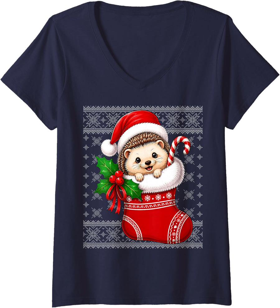 Women's Hedgehog Christmas Stocking Cute Festive Hedgehog Ugly Xmas V-Neck T-Shirt - Navy Blue