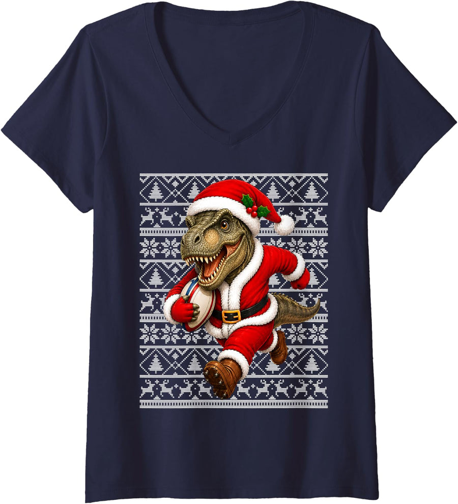 Women's Ugly Xmas Funny Santa T-Rex Dinosaur Playing Rugby Christmas V-Neck T-Shirt - Navy Blue