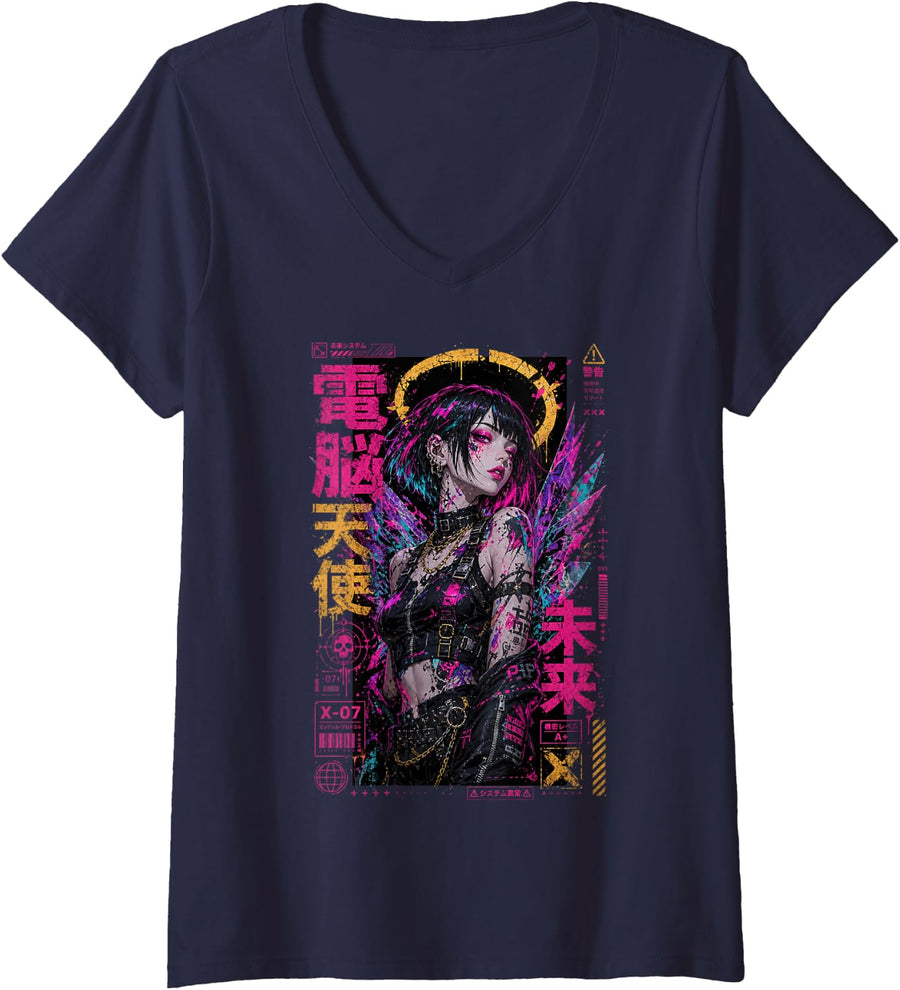 Women's Japanese Cyberpunk Angel Y2K Goth Anime Manga Girl Art V-Neck T-Shirt - Navy Blue