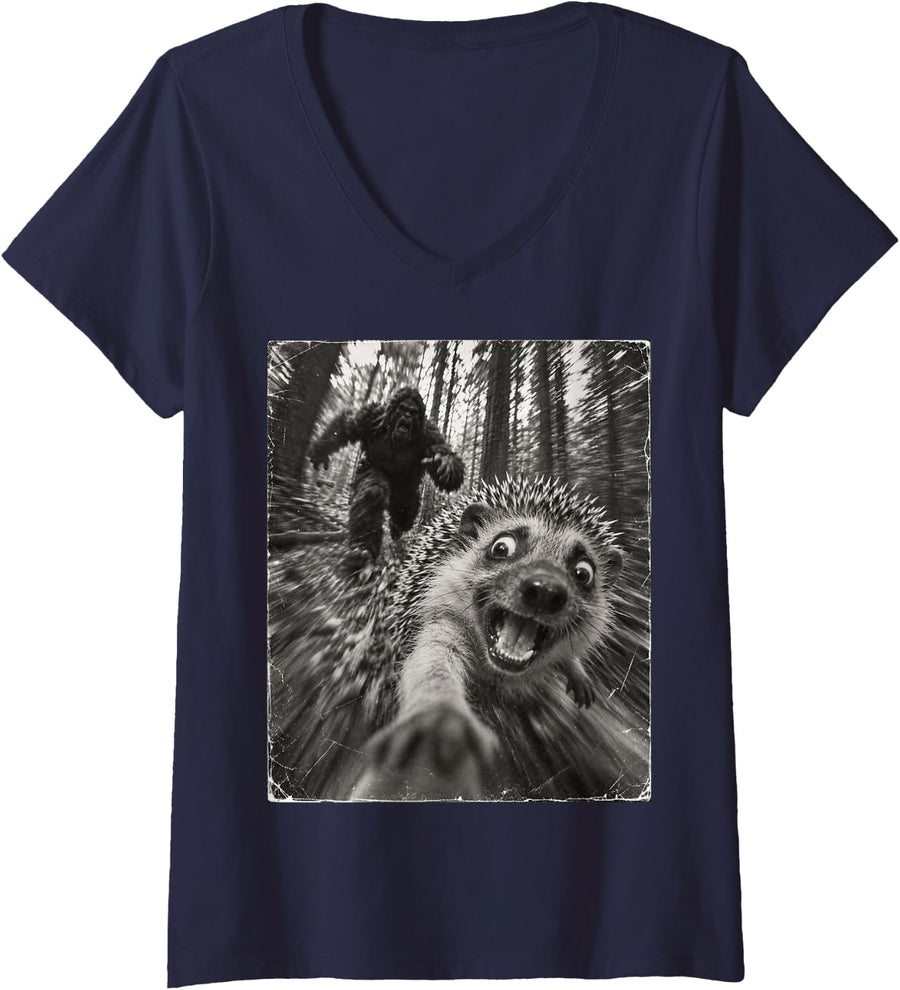 Women's Vintage Bigfoot Running After Hedgehog Selfie Animal V-Neck T-Shirt - Navy Blue