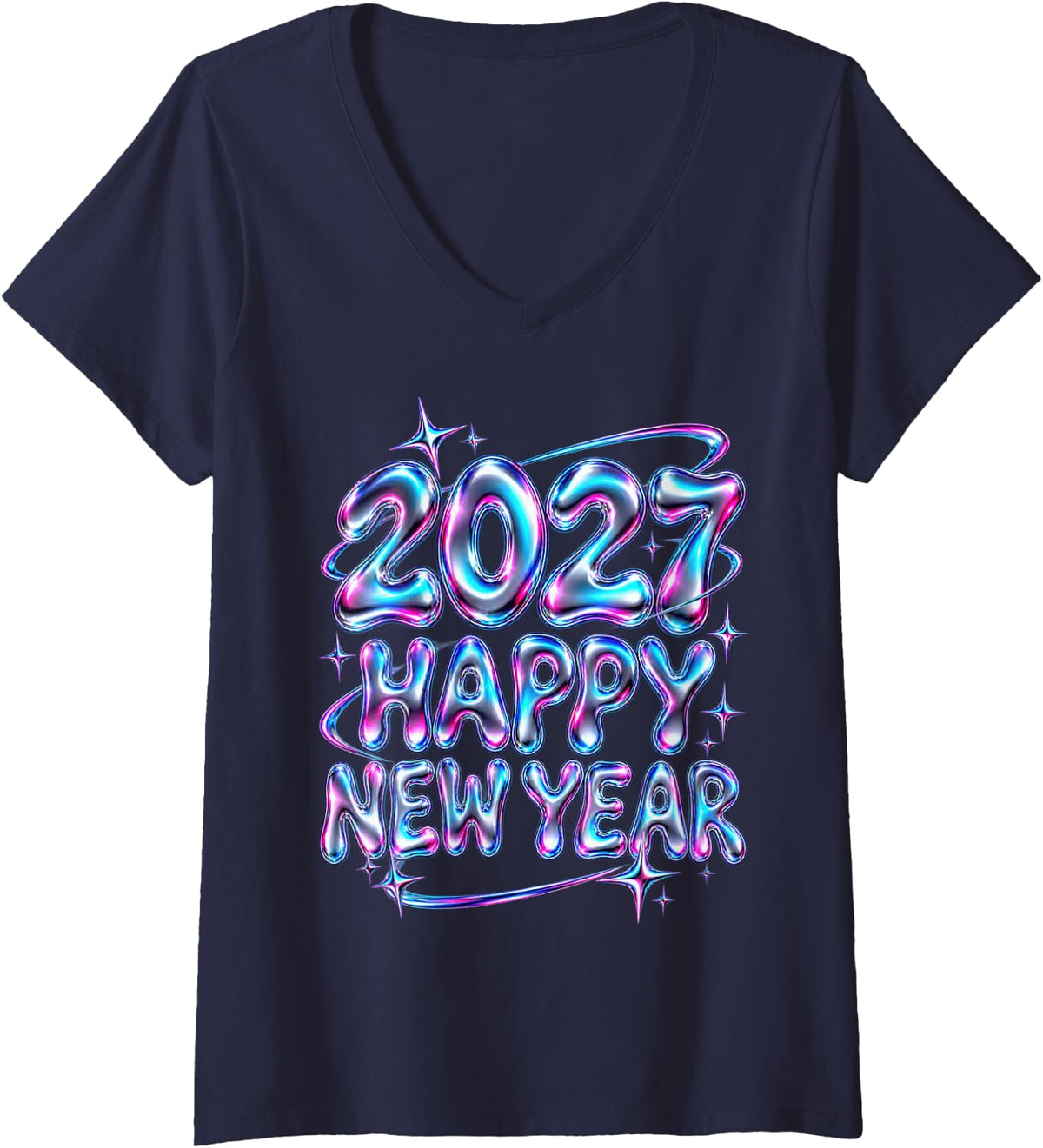 Women's Happy New Year 2027 Y2K Retro Futuristic Celebration Bubbles V-Neck T-Shirt - Navy Blue