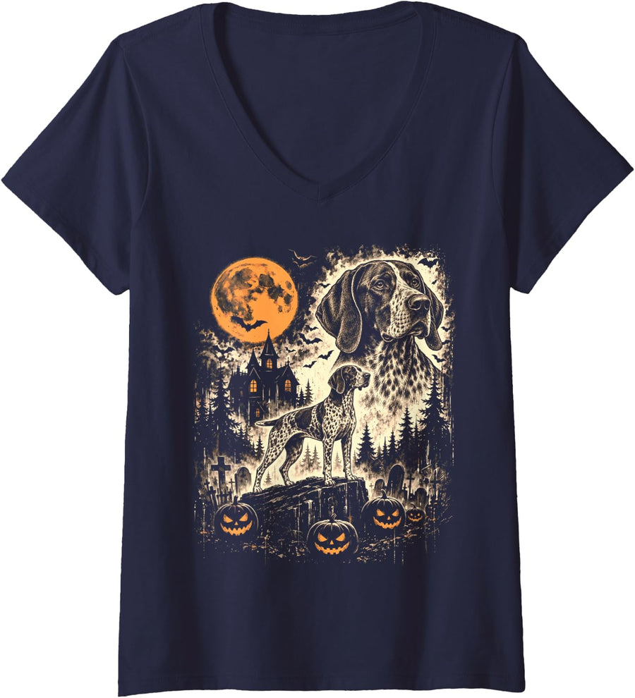 Women's Halloween German Shorthaired Pointer Spooky Graveyard Moon V-Neck T-Shirt - Navy Blue