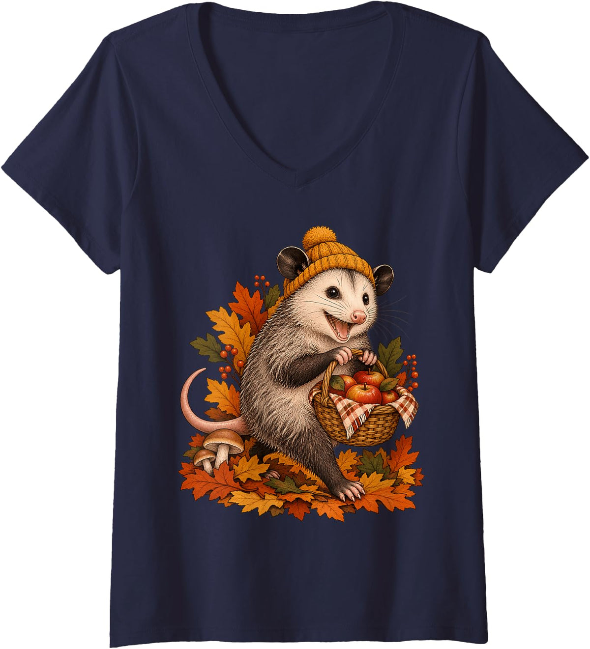 Women's Funny Opossum Apple Picking Basket Fall Autumn V-Neck T-Shirt - Navy Blue