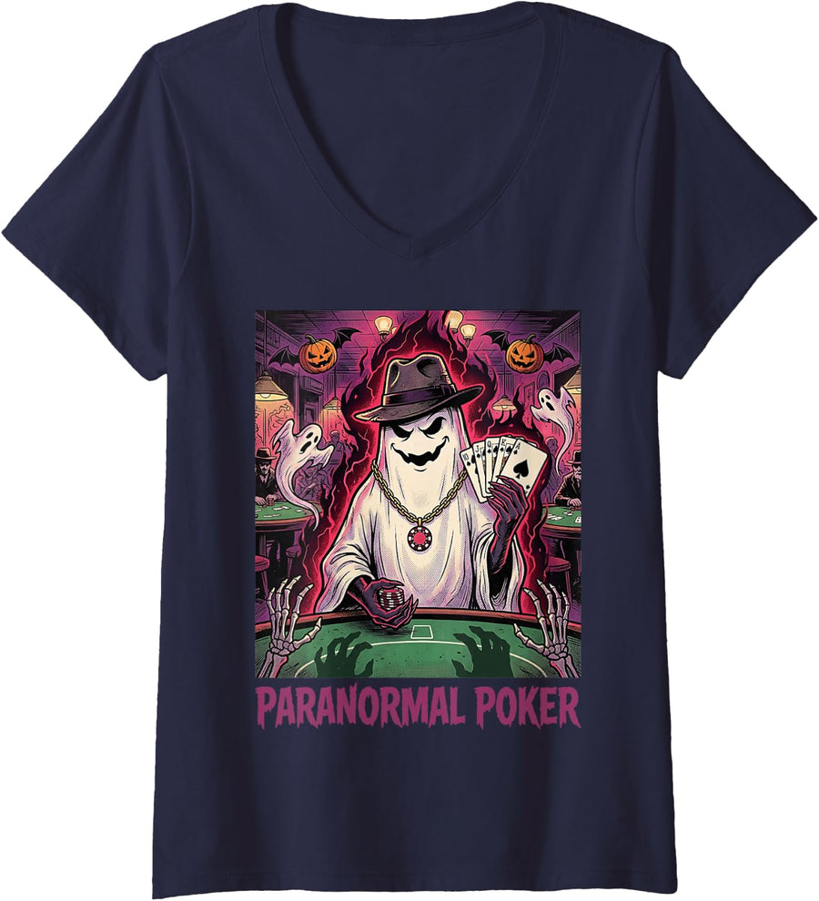 Women's Poker Ghost Texas Holdem Player Casino Gambling Gambler V-Neck T-Shirt - Navy Blue
