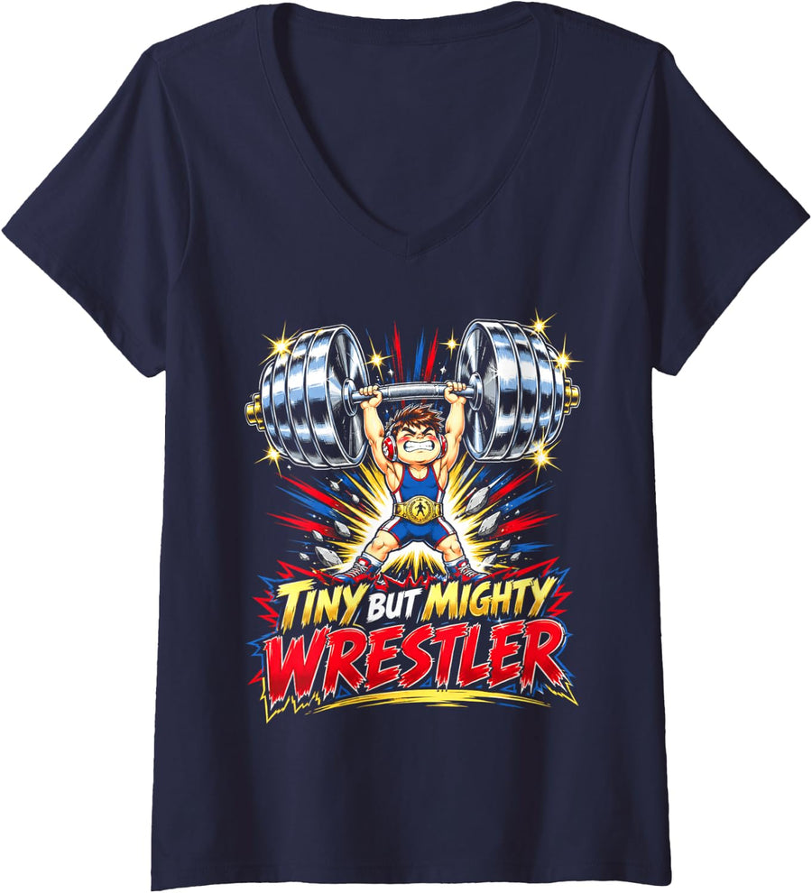 Women's Wrestling Season Tiny But Mighty Weightlifter Champion V-Neck T-Shirt - Navy Blue