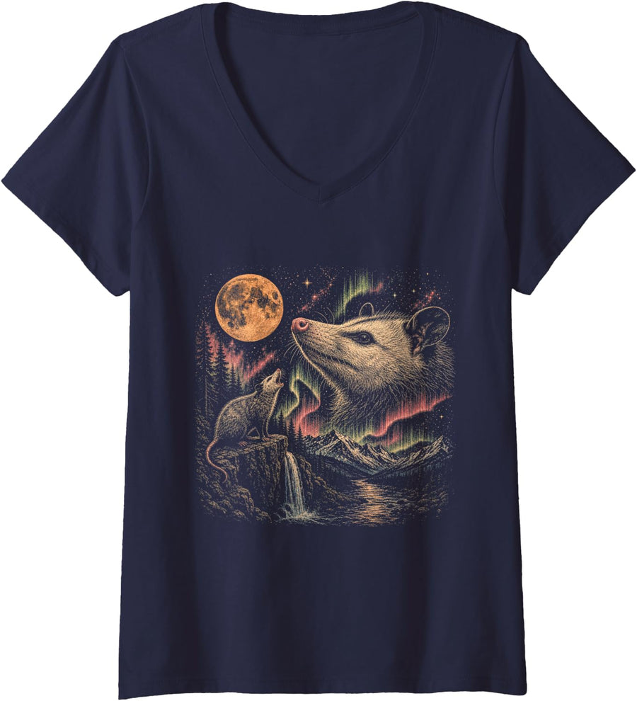 Women's Opossum Northern Lights Moon Wilderness Nature Art V-Neck T-Shirt - Navy Blue