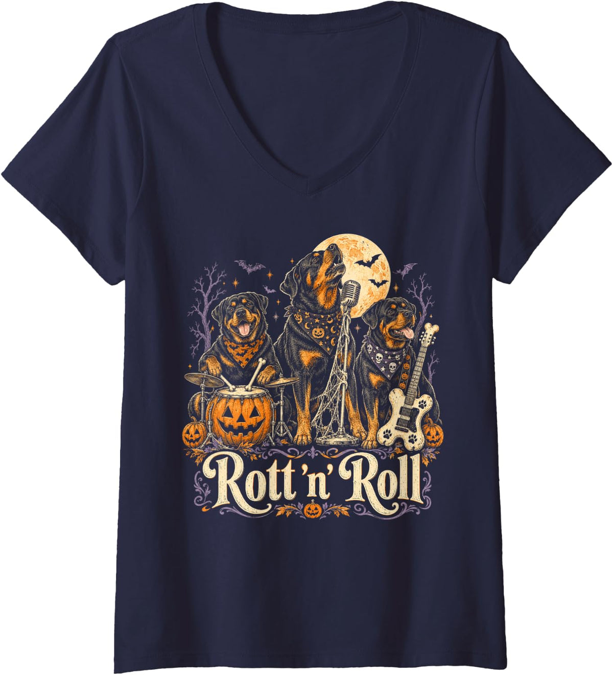 Women's Rottnroll Rottweiler Band Funny Creepy Halloween Dog Costume V-Neck T-Shirt - Navy Blue