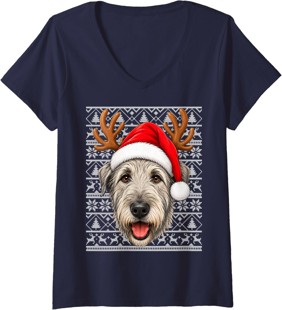 Women's Irish Wolfhound Dog Christmas Santa Hat Ugly Sweater Xmas V-Neck T-Shirt - Navy Blue