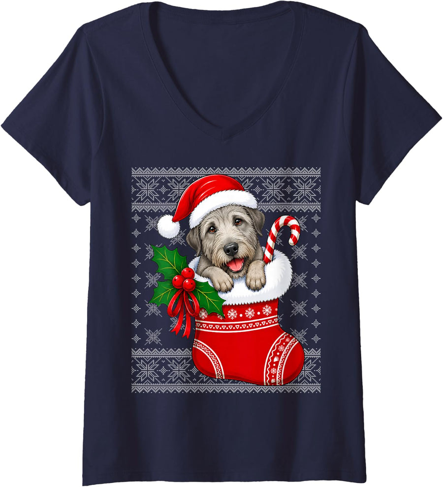 Women's Irish Wolfhound Dog Christmas Stocking Festive Ugly Xmas V-Neck T-Shirt - Navy Blue
