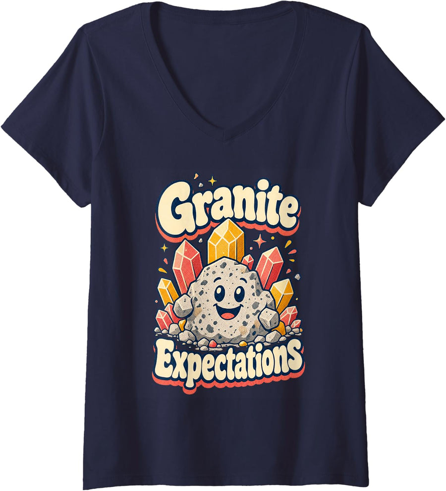 Women's Granite Expectations Funny Geologist Rock Science V-Neck T-Shirt - Navy Blue