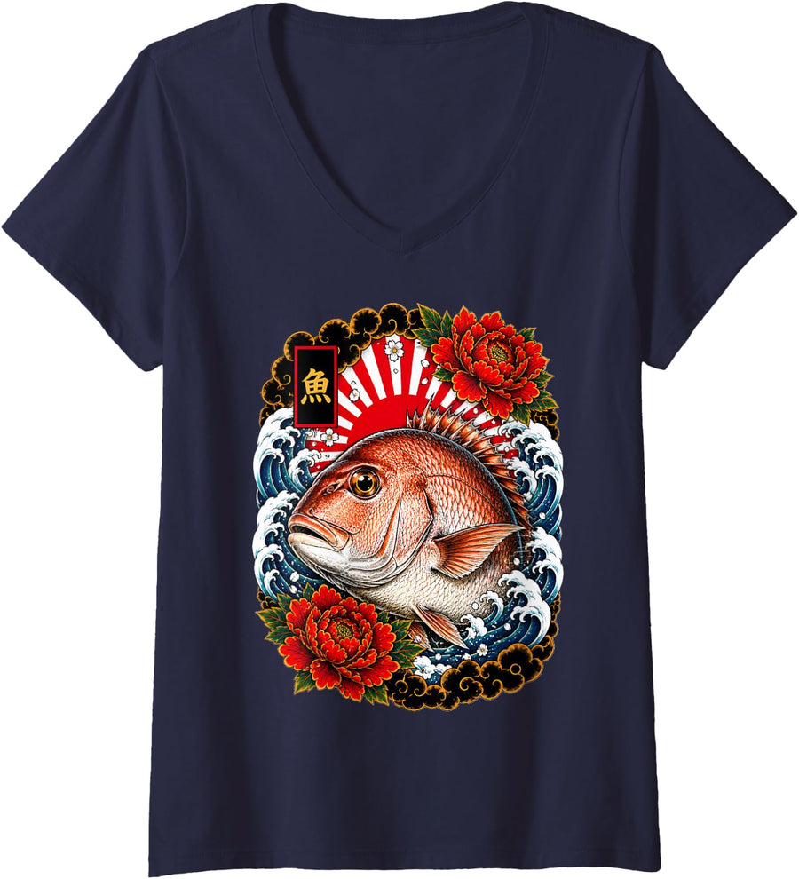 Women's Artistic Fish in Colourful Japanese Tattoo Style V-Neck T-Shirt - Navy Blue