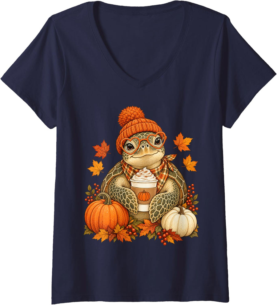 Women's Sea Turtle Fall Autumn Season Pumpkin Spice V-Neck T-Shirt - Navy Blue