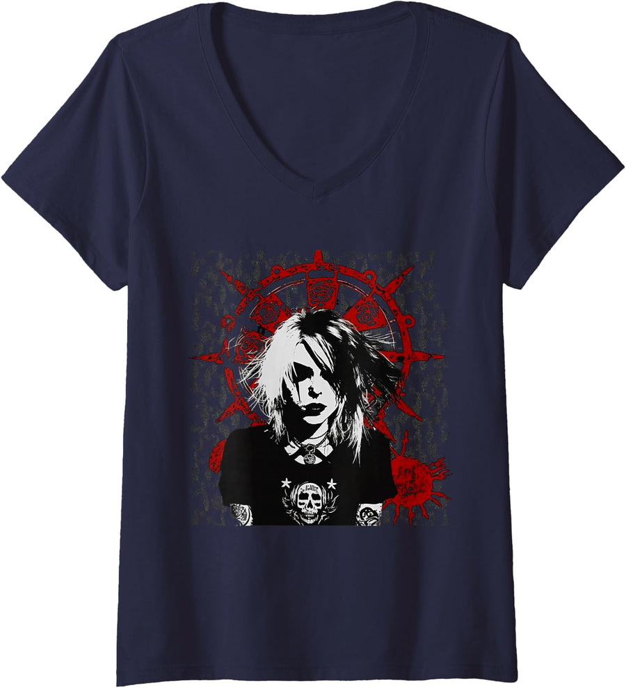 Women's Girl Gothic Aesthetic Occult Unholy Grunge Emo Punk Satanic V-Neck T-Shirt - Navy Blue