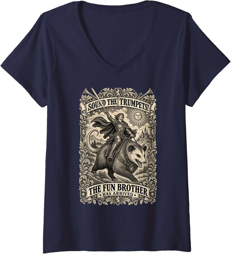 Women's Sound the Trumpets The Fun Brother Arrived Medieval Humor V-Neck T-Shirt - Navy Blue