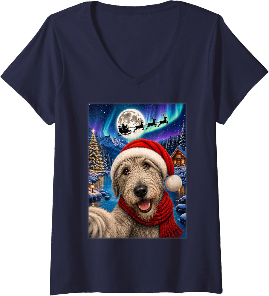 Women's Irish Wolfhound Dog Christmas Moon Night Santa Sleigh Xmas V-Neck T-Shirt - Navy Blue