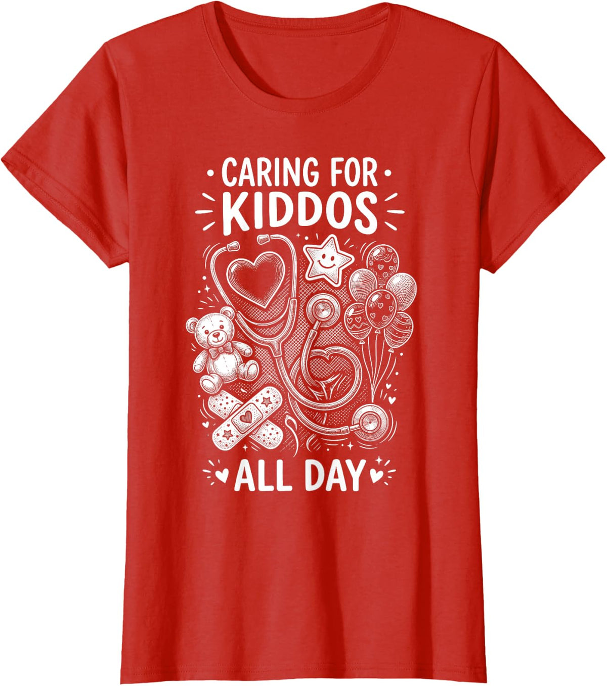 Caring for Kiddos All Day Pediatric Nurse Vintage T-Shirt - Red
