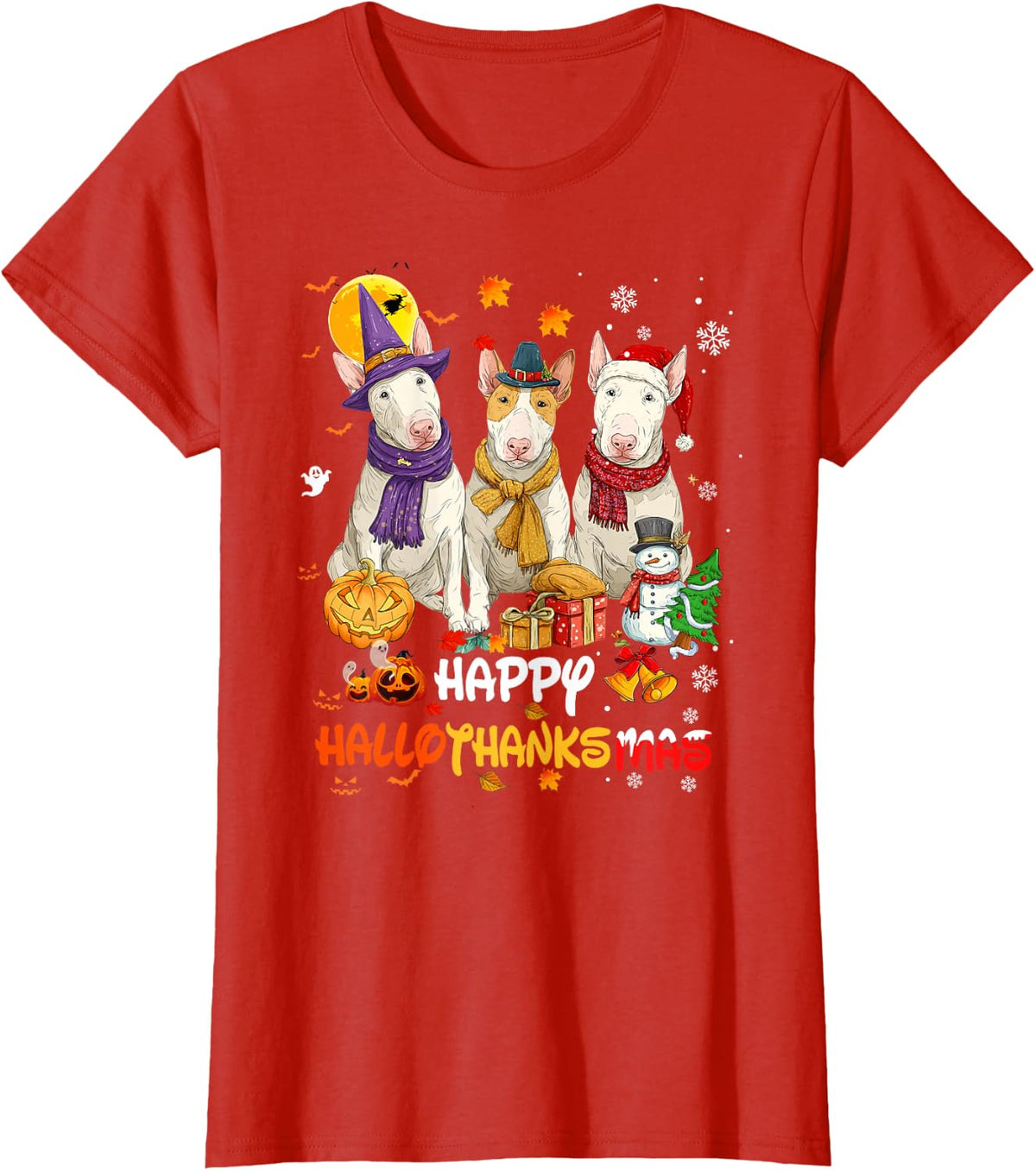 Bull Terrier Happy Hallothanksmas Dog Lover Christmas T-Shirt - Red
