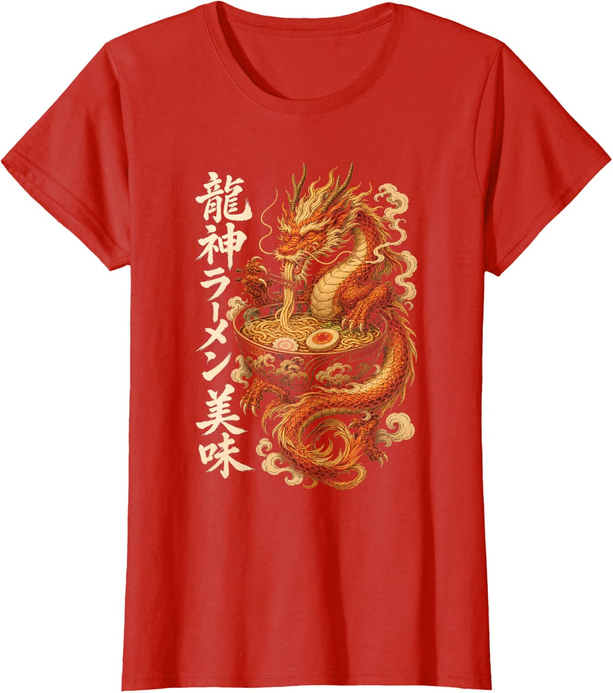Ramen Dragon Japanese Noodle Bowl Art Chopsticks Foodie T-Shirt - Red