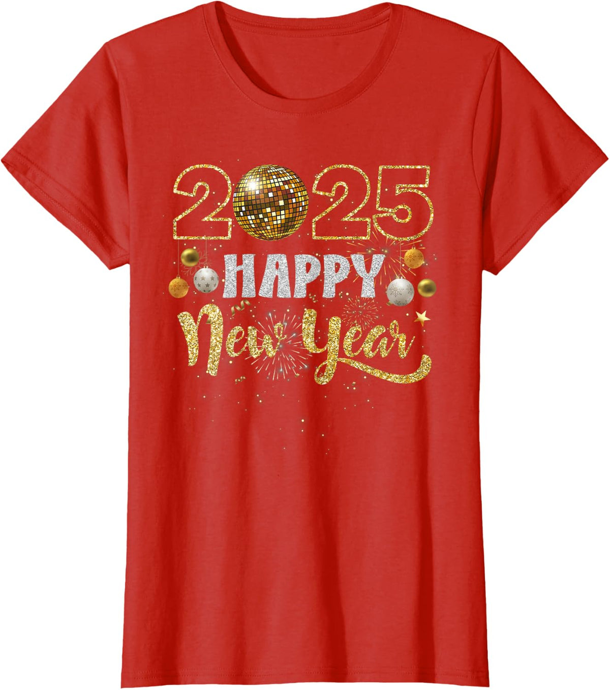 Happy New Year Party 2025 Disco Ball Matching Men Women Kid T-Shirt - Red