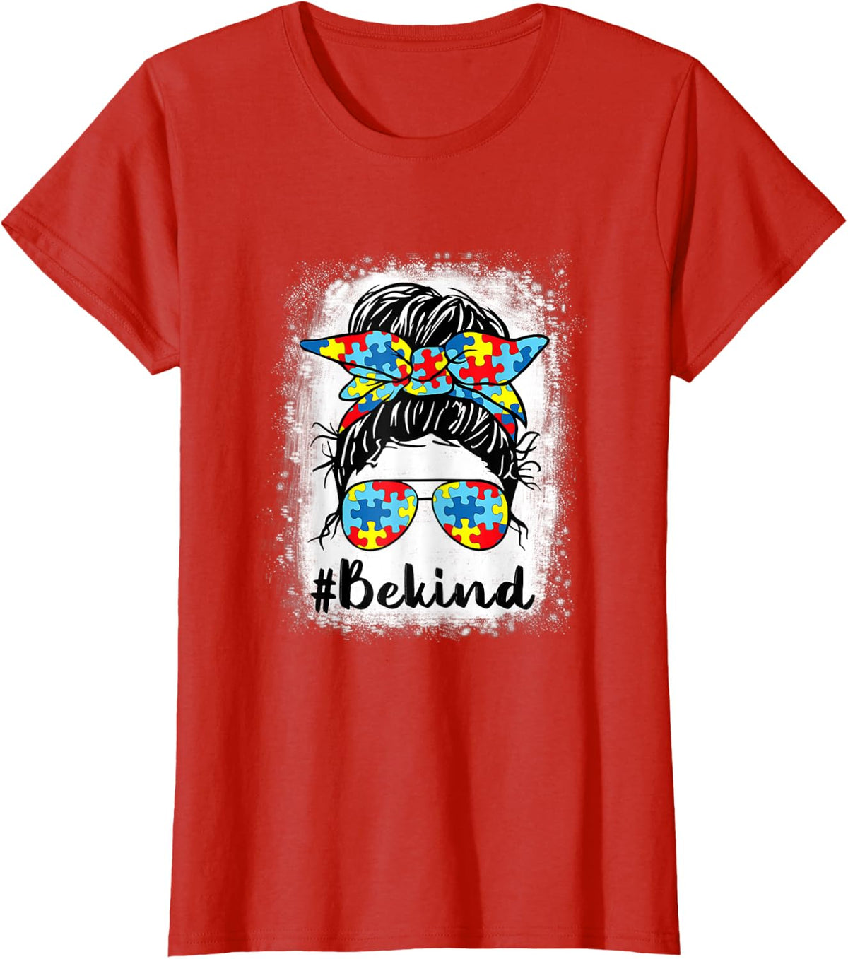 Womens Be Kind Autism Awareness Messy Bun Girl Tees Gift Mom Mother T-Shirt - Red
