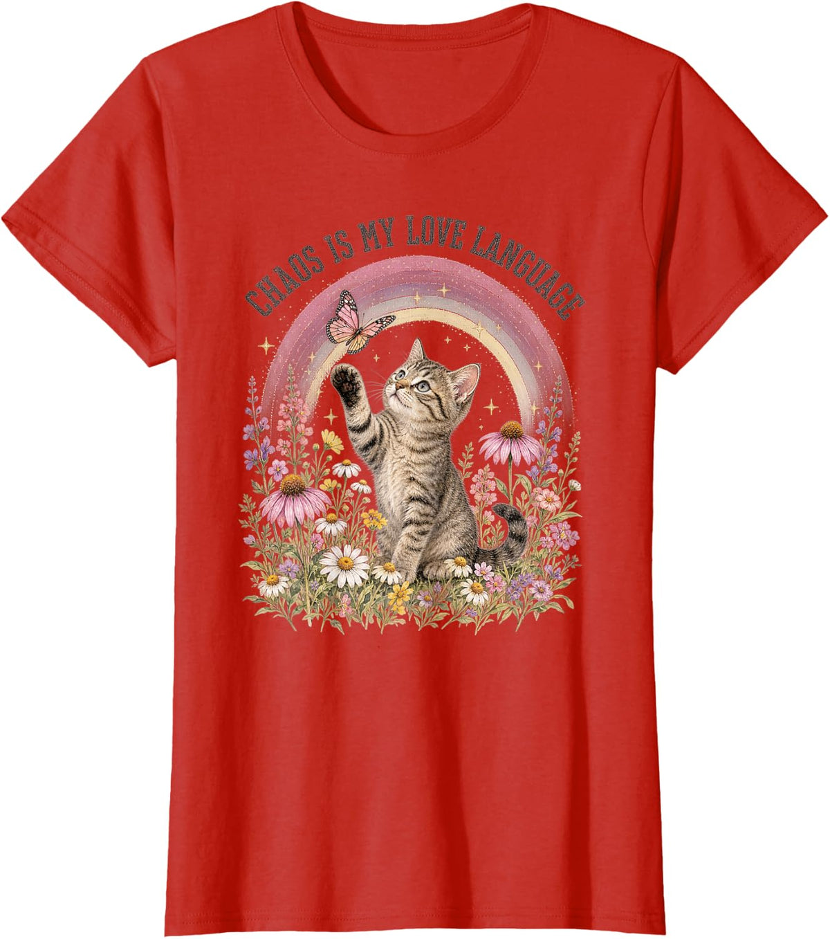 Chaos is My Love Language Cute Kitten Cat Rainbow T-Shirt - Red