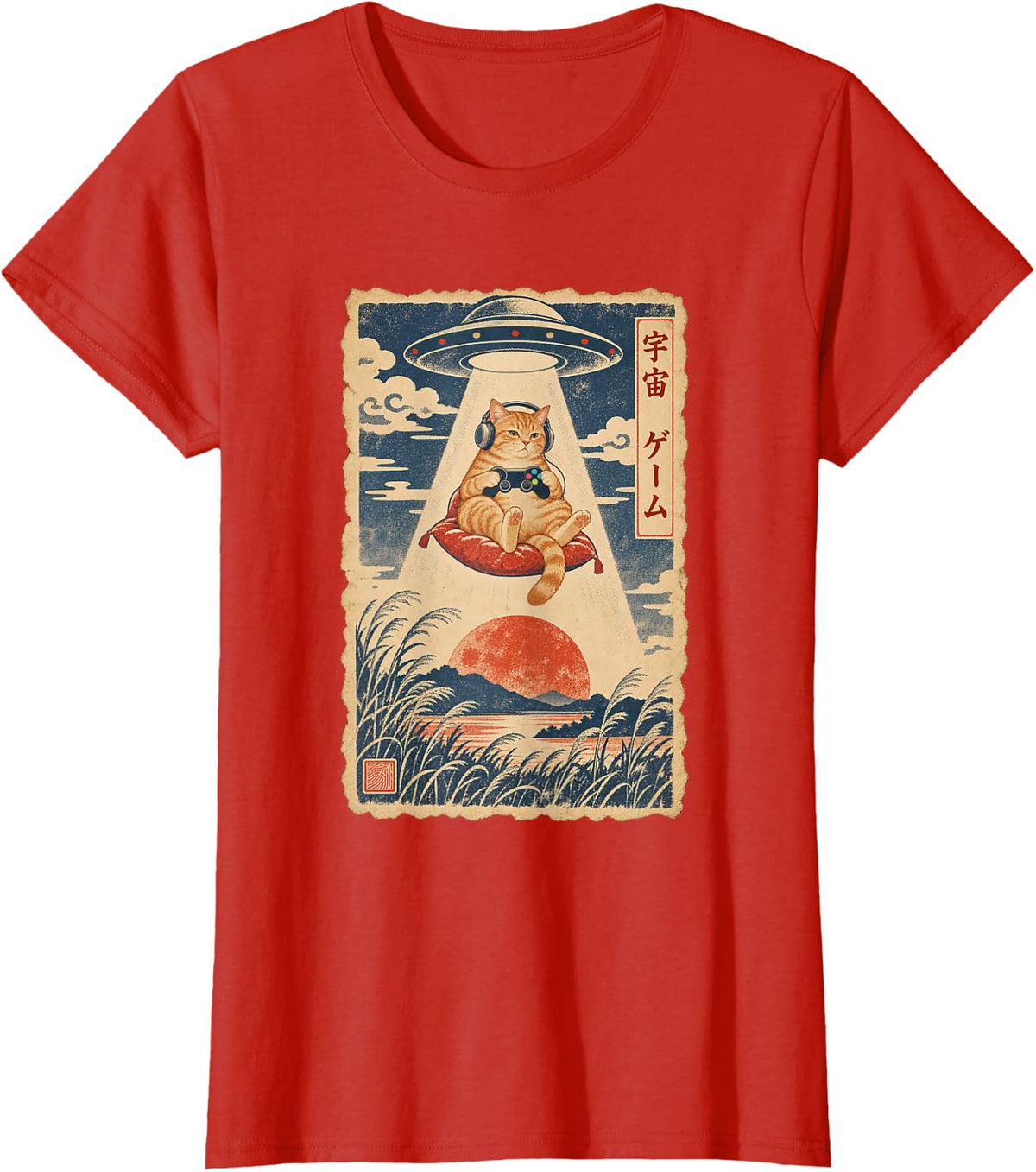 Tabby Cat UFO Gamer Controller Japanese Woodblock Retro Art T-Shirt - Red