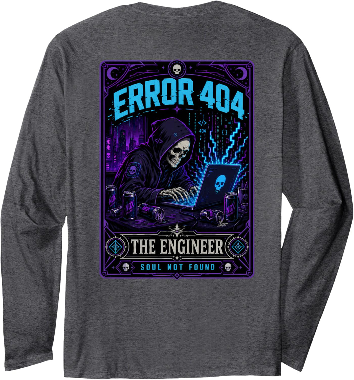 Funny Cyberpunk Software Engineer Tarot Error 404 Graphic Long Sleeve T-Shirt - Adult Unisex Dark Heather Grey