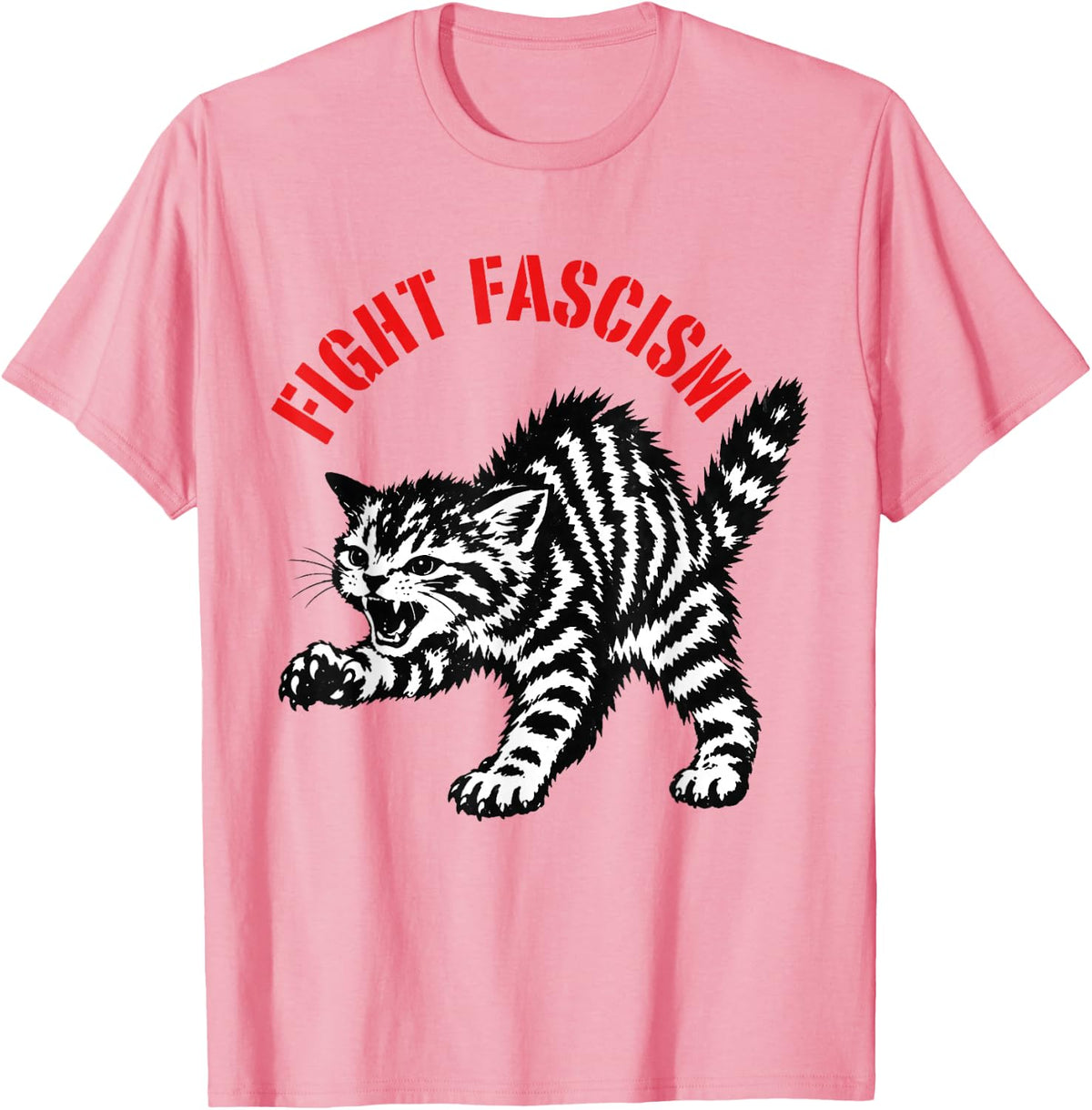 Fight Fascism Funny Angry Tabby Cat T-Shirt - Pink