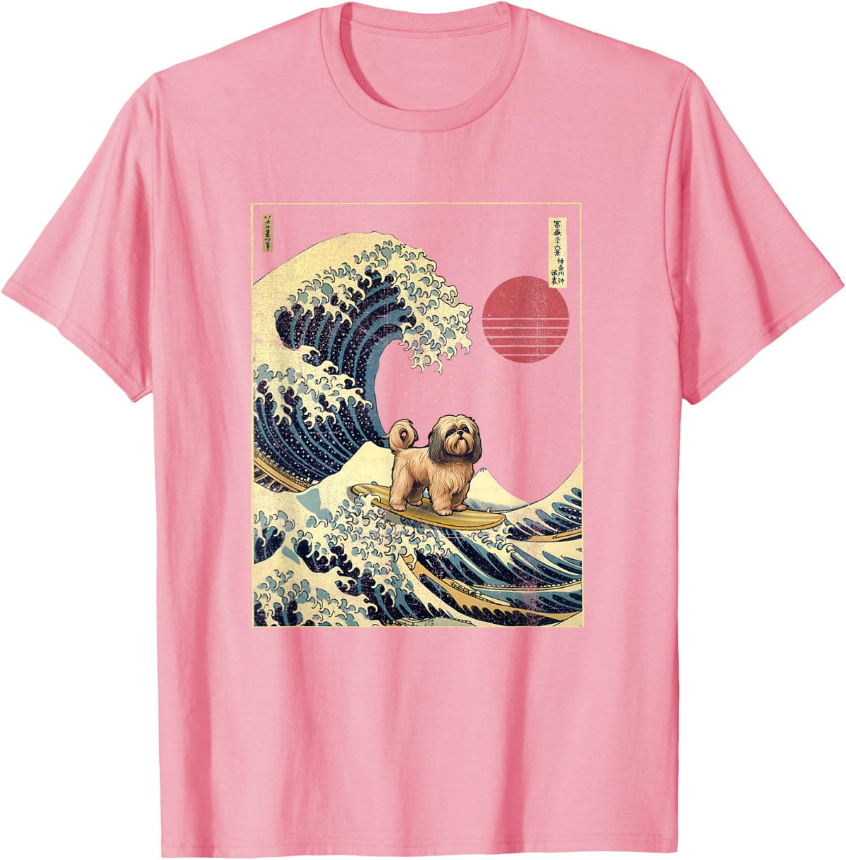 Lhasa Apso Japanese Kanagawa Wave Funny Surf Dog Men Women Kids T-Shirt - Pink