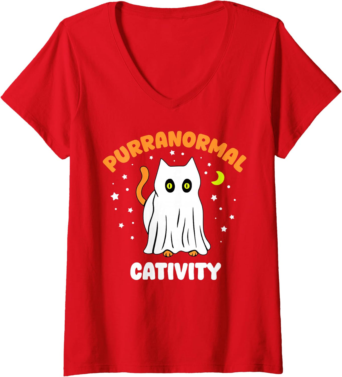 Women's Purranormal Cativity Funny Cat Ghost Halloween V-Neck T-Shirt - Red