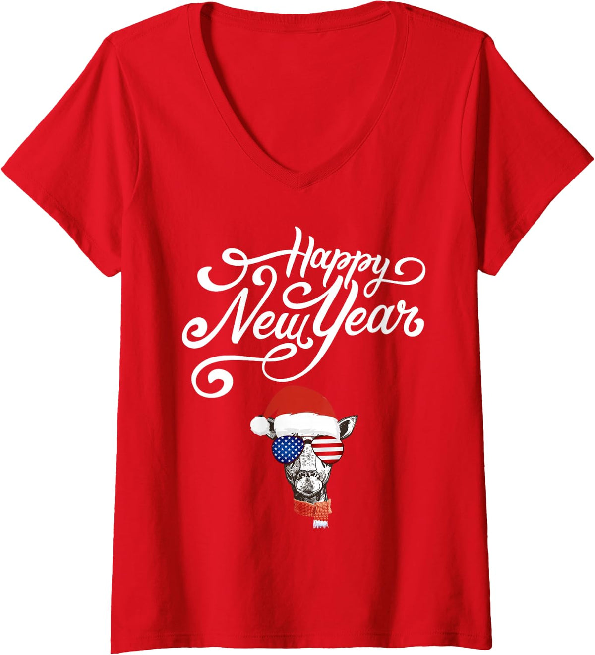 Women's Happy New Year New Years Eve 2021 Giraffe V-Neck T-Shirt - Red