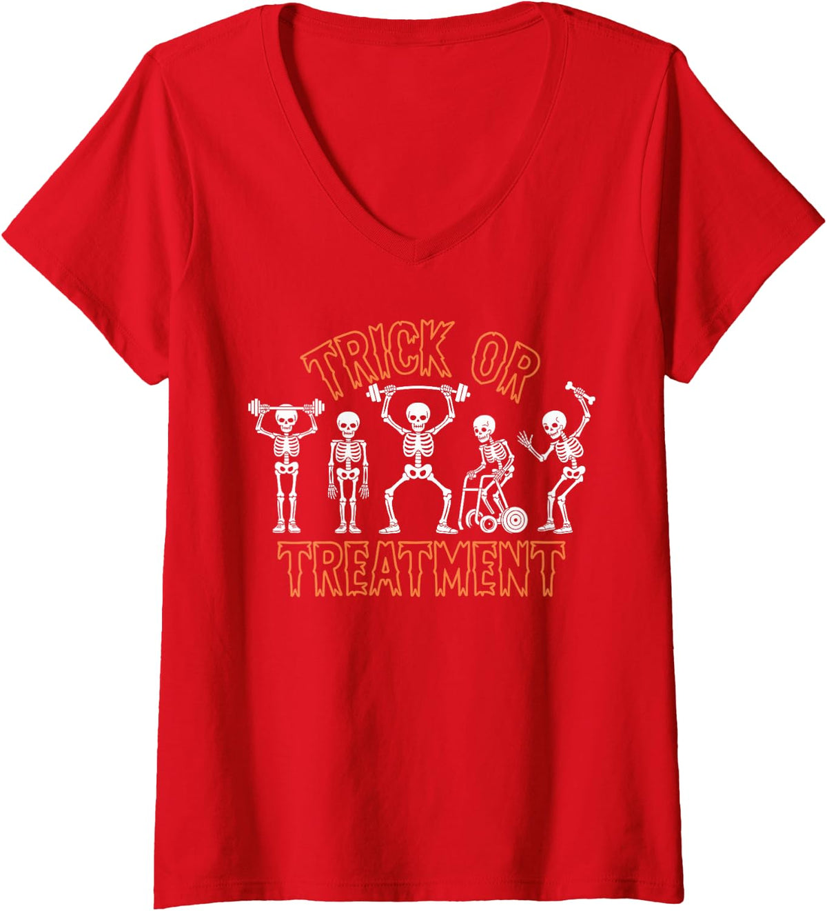 Women's Trick Or Treatment Halloween Physical Therapy Skeleton PT V-Neck T-Shirt - Red
